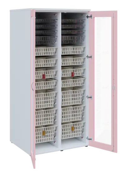 EUROMEDICA S - 90 skříň léková boxová, 2-dveřová/prosklená, 1950x900x735, korpus bílý, dvířka pastelově růžová